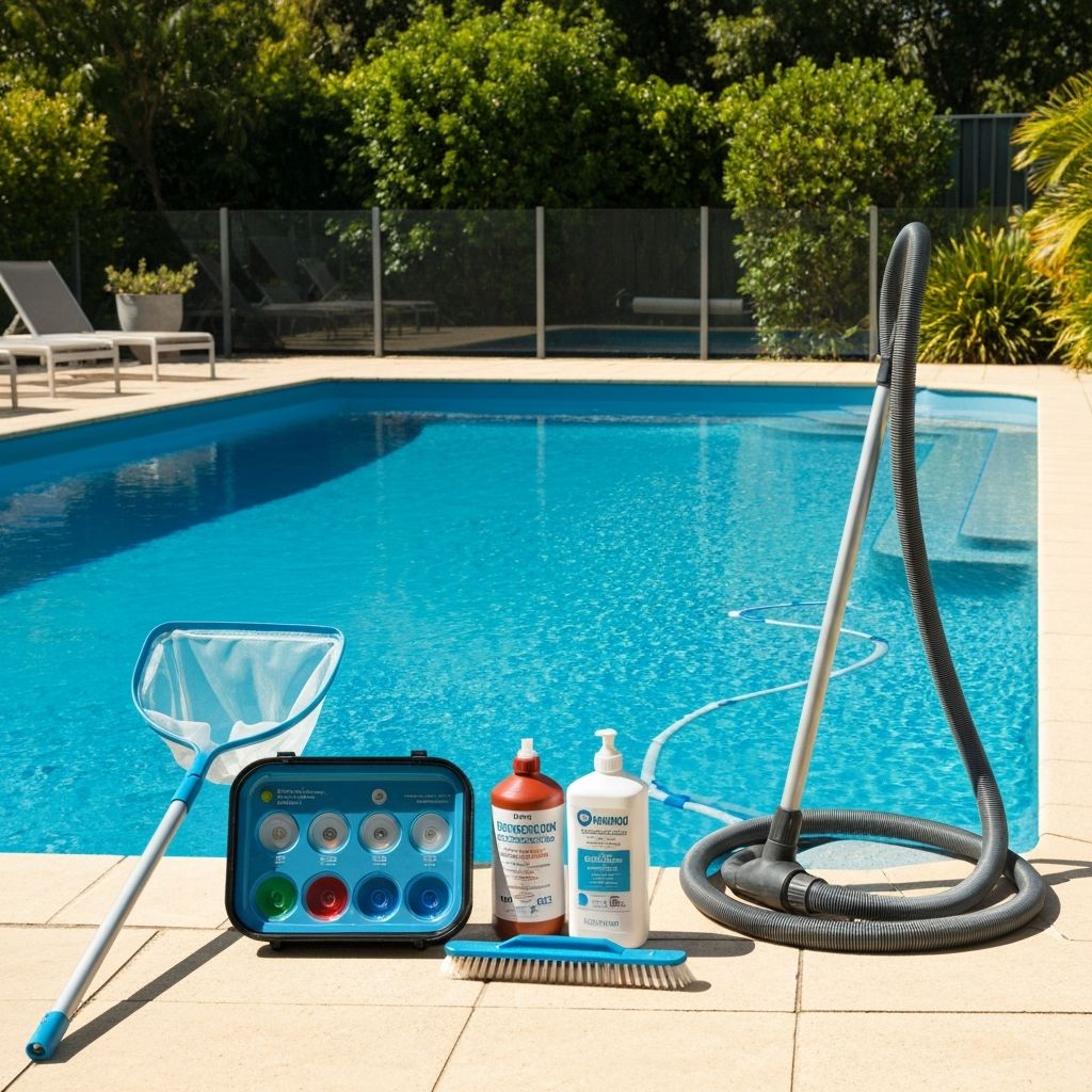 Professional pool cleaning equipment laid out beside a sparkling pool